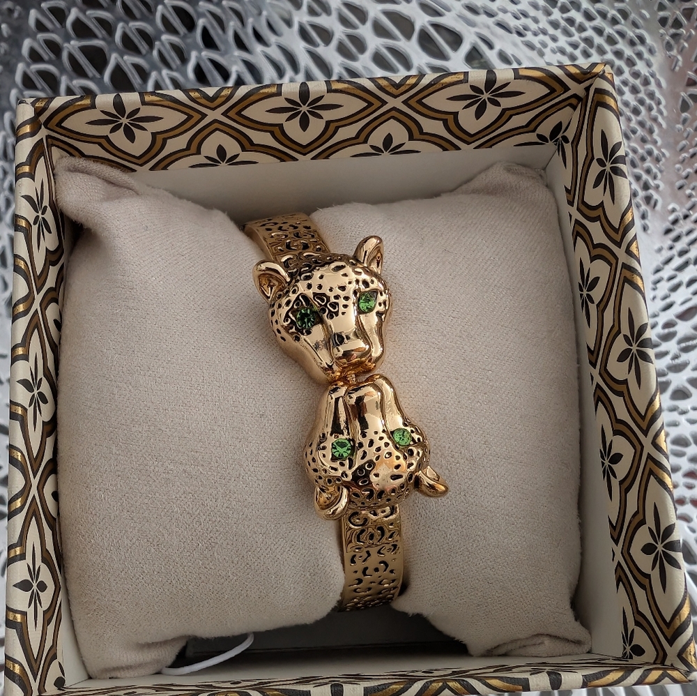 House of Harlow 1960 Gold Panther Bracelet with Green Accents